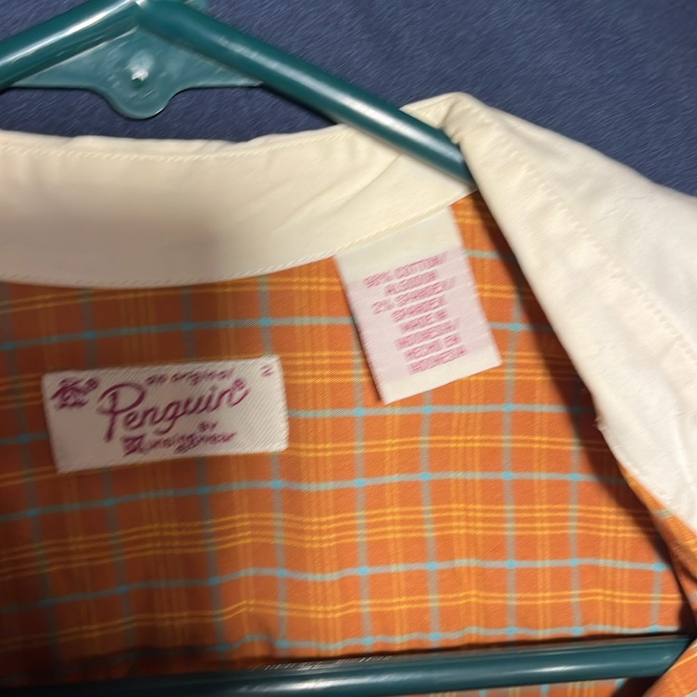 Penguin Orange/turquoise plaid button down shirt white collar - Picture 4 of 6